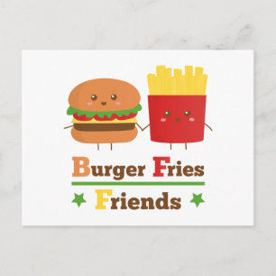 Cartão Postal Kawaii Cartoon Hambúrguer Batata Frita Amigos BFF