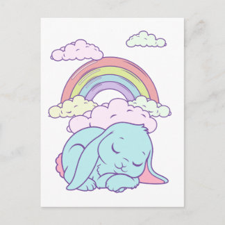 Cartão Postal Kawaii Cute Cartoon Bunny Rabbit Rainbow