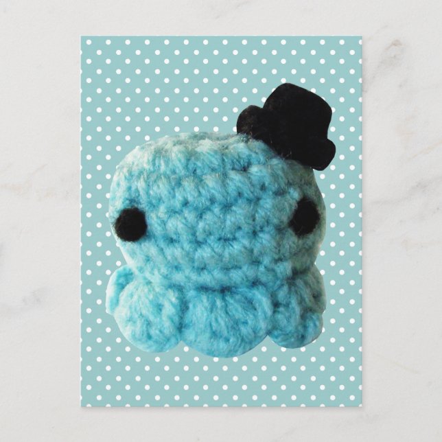 Cartão Postal Kawaii Cute Crochet Amigurumi Octopus Top Hat Blue (Frente)