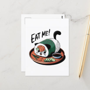 Cartão Postal Kawaii Engraçado Gato Moldou Roll Sushi