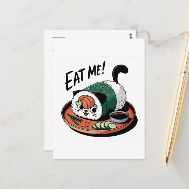 Cartão Postal Kawaii Engraçado Gato Moldou Roll Sushi (Frente/Verso In Situ)