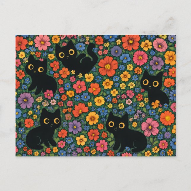 Cartão Postal Kawaii Garden Art | Cute Black Cat Floral Pattern (Frente)