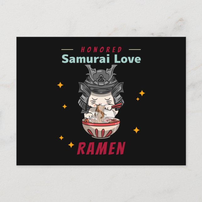 Cartão Postal Kawaii Honrou Samurai Cat Eat Ramen (Frente)