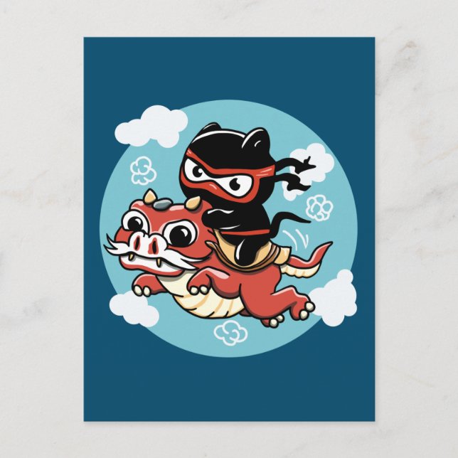 Cartão Postal Kawaii Ninja Cat Andando um Dragão Vermelho (Frente)