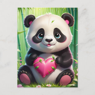 Cartão Postal Kawaii Panda Segurando Coração em uma Floresta de 