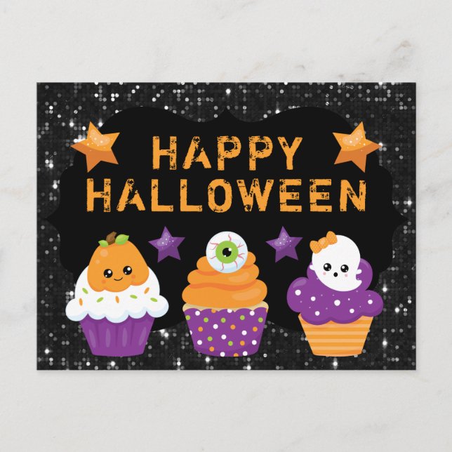 Cartão Postal Kawaii Pumpkin Eyeball Cupcakes Fantasmas Hallowee (Frente)