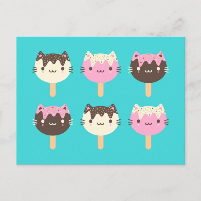 Cartão Postal Kawaii Summer Ice Lolly Popsicle Cats (Frente)