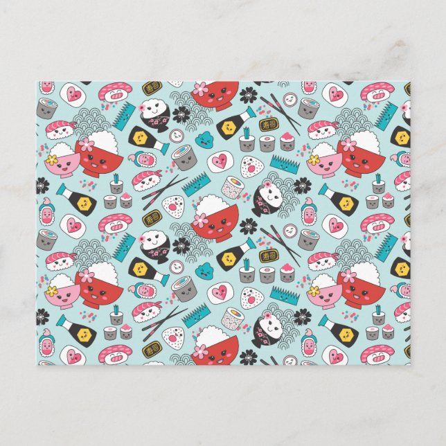 Cartão Postal Kawaii Sushi, Azul-Cento (Frente)