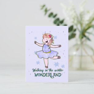 Cartão Postal Kawaii Unicorn Caminhada durante o inverno