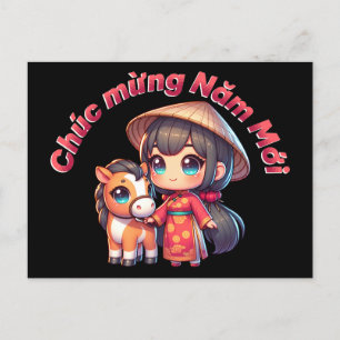 Cartão Postal Kawaii, vietnamita de ano novo, garota e cavalo