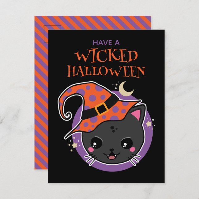 Cartão Postal Kawaii Witch Cat Halloween (Frente/Verso)
