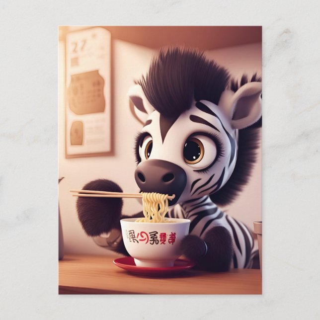 Cartão Postal Kawaii Zebra Eating Ramen (Frente)
