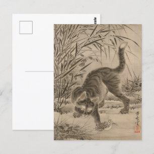 Cartão Postal Kawanabe Kyosai Cat pegando um Sapo de arte japone