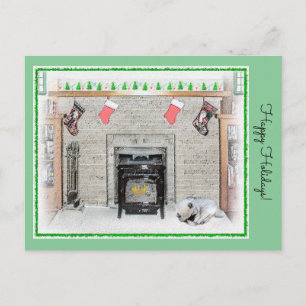 Cartão Postal Keeshond Christmas Puppy Dog by Lareira Painting