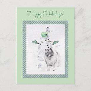 Cartão Postal Keeshond Christmas Snowman Pinting Art