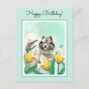 Cartão Postal Keeshond em Tulips pintando lindas artes caninas o
