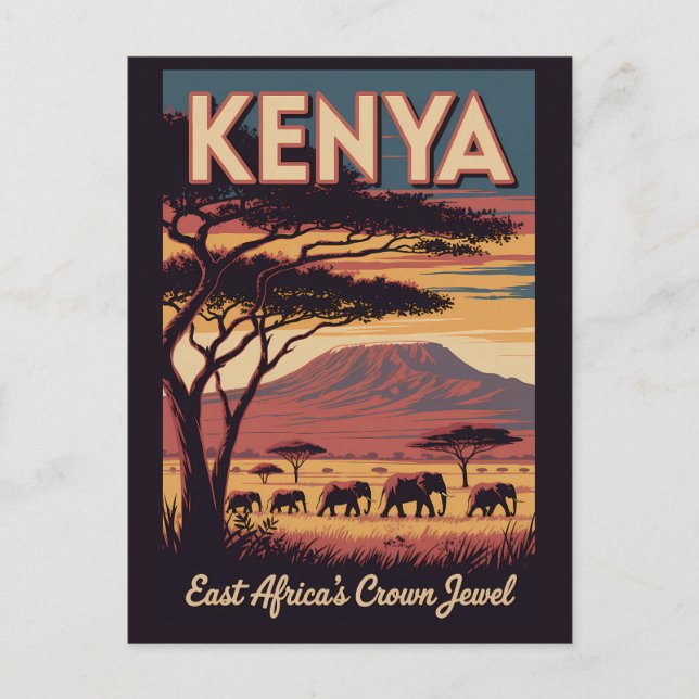 Cartão Postal Kenya Elephants Illustration Travel Art Vintage (Frente)