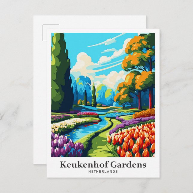 Cartão Postal Keukenhof Netherlands Viagens vintage Illustration (Frente/Verso)