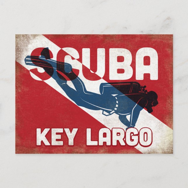 Cartão Postal Key Largo Scuba Diver - Retro Azul (Frente)