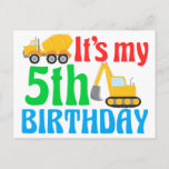 Cartão Postal Kids 5 Birthday Boy Construction Vehicle<br><div class="desc">Legal convite postal para um garoto que gosta de carros e caminhões. Design para um garoto que gosta de veículos. Use estes cartões para convidar outros filhos para uma festa.</div>