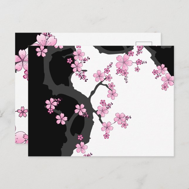 Cartão Postal Kimono Black e White Pink Sakura (Frente/Verso)