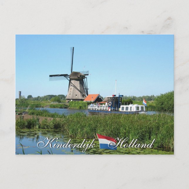Cartão Postal Kinderdijk Windmill and Boat Holland Postcard (Frente)