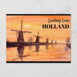Cartão Postal Kinderdijk Windmills Sunset - Watercolor Painting