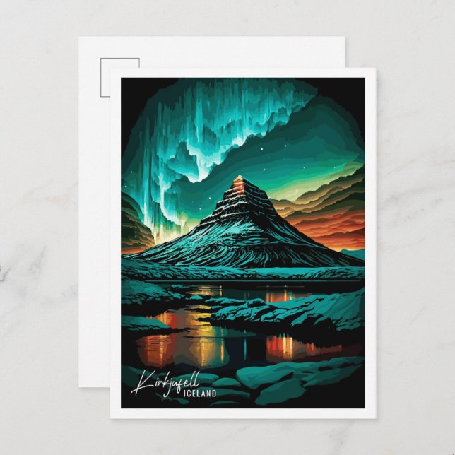 Cartão Postal Kirkjufell Islândia Arte Ilustração de viagem vint (Frente/Verso)