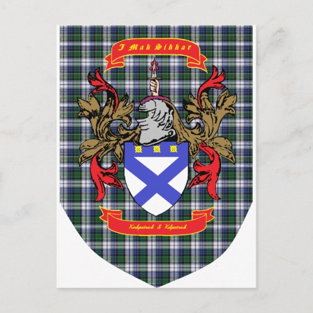 Cartão Postal Kirkpatrick Kilpatrick crest em Colquhoun Tartan (Frente)