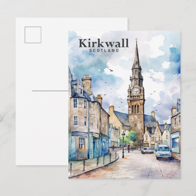 Cartão Postal Kirkwall Scotland Watercolor Painting Viagem (Frente/Verso)