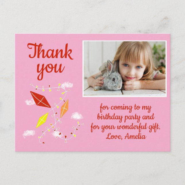Cartão Postal Kites in Sky Pink Girl Photo Birthday (Frente)