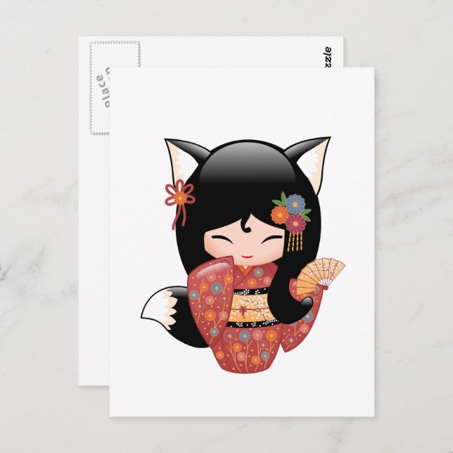 Cartão Postal Kitsune Kokeshi Doll - Rapariga Negra Fox Geisha (Frente/Verso)