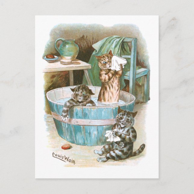 Cartão Postal Kitten Bath por Louis Wain (Frente)