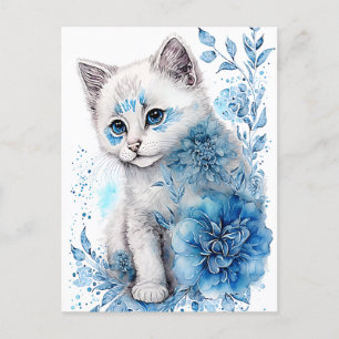 Cartão Postal Kitten Branco e Azul com Flores