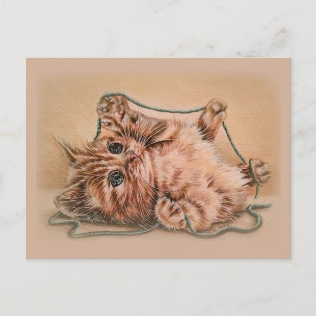 Cartão Postal Kitten com desenho de Yarn, ilustração de arte de  (Frente)