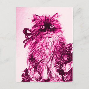 Cartão Postal KITTEN COM ROSAS, cor-de-rosa Branca de Fúchsia