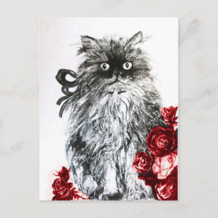 Cartão Postal KITTEN COM ROSAS VERMELHAS, Preto e Branco