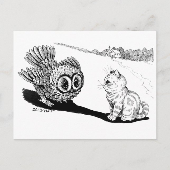 Cartão Postal Kitten e Owl, Louis Wain (Frente)