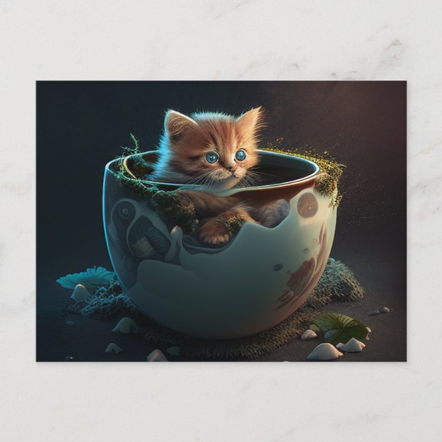 Cartão Postal Kitten em um Teacup Látea - Cartão-postal de gato (Frente)