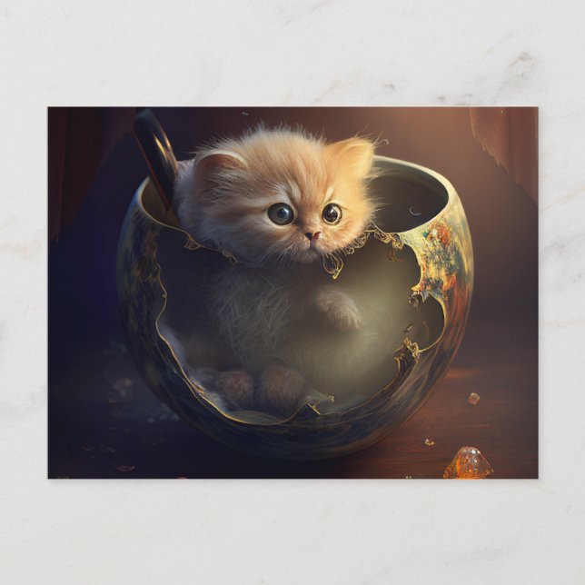 Cartão Postal Kitten em um Teacup quebrado - Cartão-postal Cat (Frente)