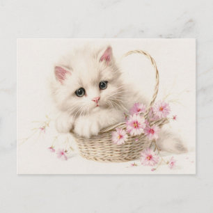 Cartão Postal Kitten no Cesto de Flores Obrigado
