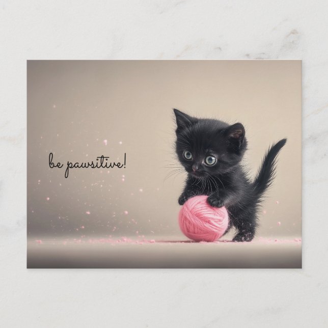 Cartão Postal Kitten Preto Brincando com Bola Rosa (Frente)