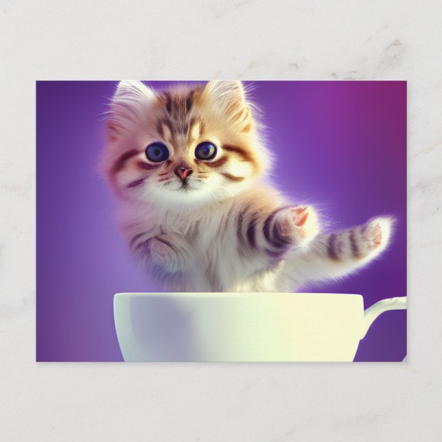 Cartão Postal Kitten pulando em um Teacup - Cartão-postal Cat (Frente)