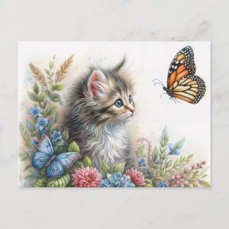 Cartão Postal Kitten Staring At Butterfly Floral Art