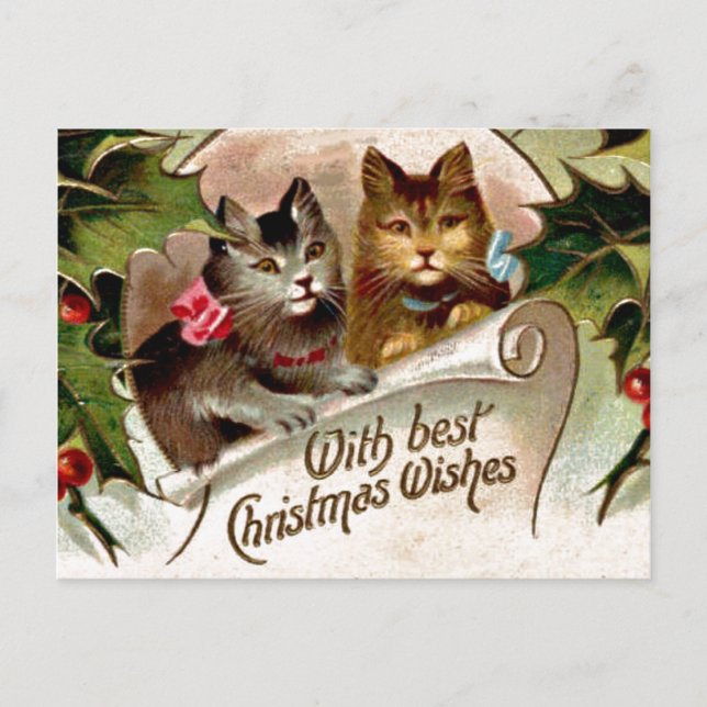 Cartão Postal Kittens Natal, ilustração de colheita, (Frente)