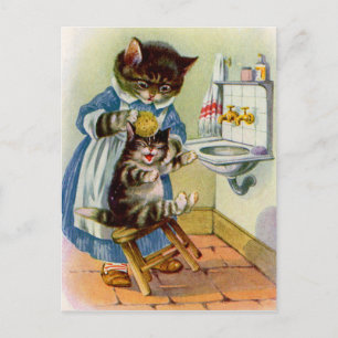 Cartão Postal Kitty cat mama dos anos 30 lava seu gatinho