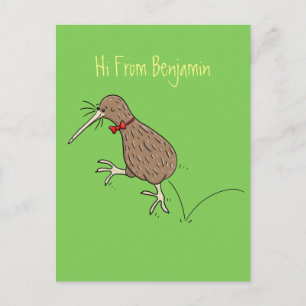 Cartão Postal Kiwi alegre saltando com desenho de cartoon de gra