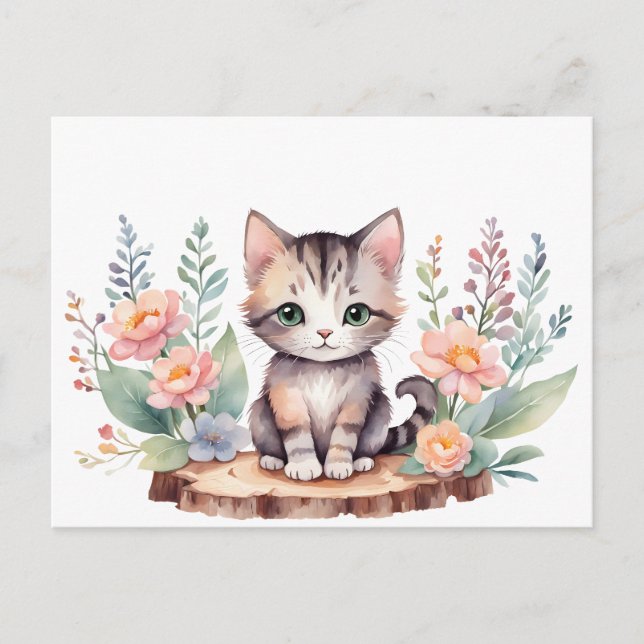 Cartão Postal Kleine Katze mit Blumen (Frente)