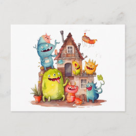Cartão Postal Kleine Monster bauen ein Haus. Einweihungsparty.