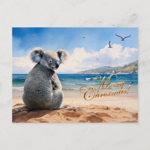 Cartão Postal Koala em uma praia arenosa Feliz Natal